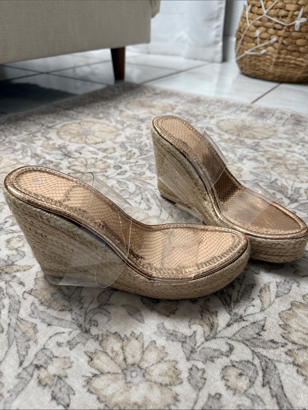 Clear Strap Espadrille Wedge Sandals in Natural